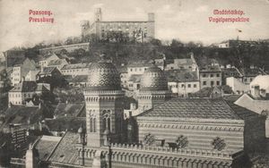 Pohľad na Bratislavu s neologickou synagógou pred rokom 1918